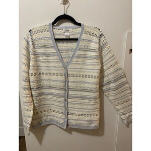 Vintage Crochet Cardigan Sweater Womens Medium Blue Cream Grandmacore Foxcroft